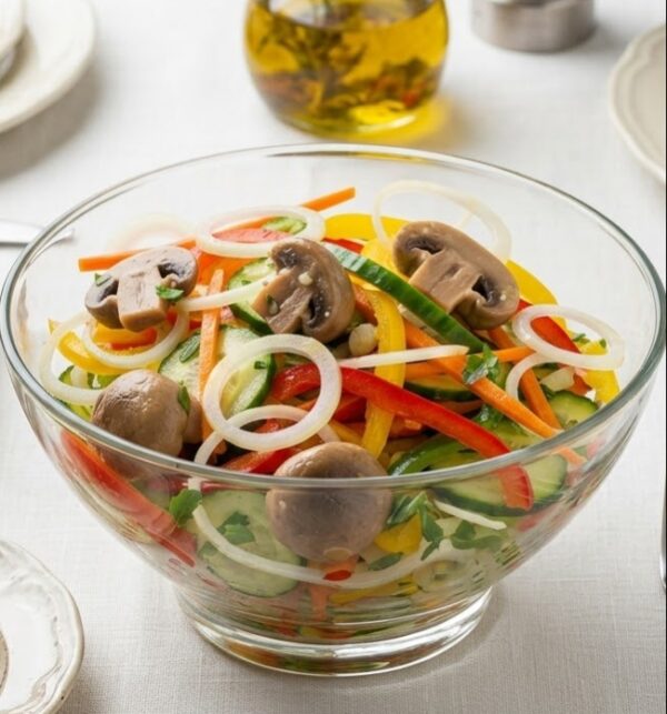 Легкий овощной салат с маринованными грибами
