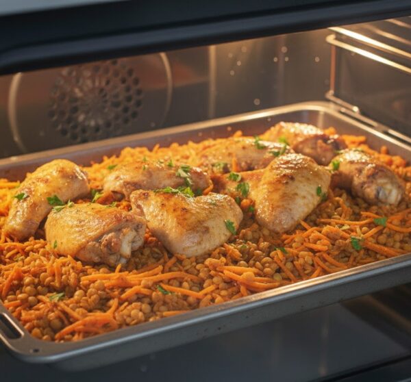 Куриные крылышки с чечевицей в духовке