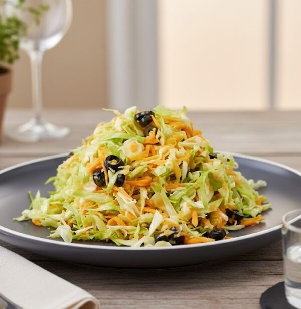 Салат из ранней капусты, моркови и маслин