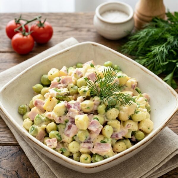 Яичный салат с горошком и ветчиной