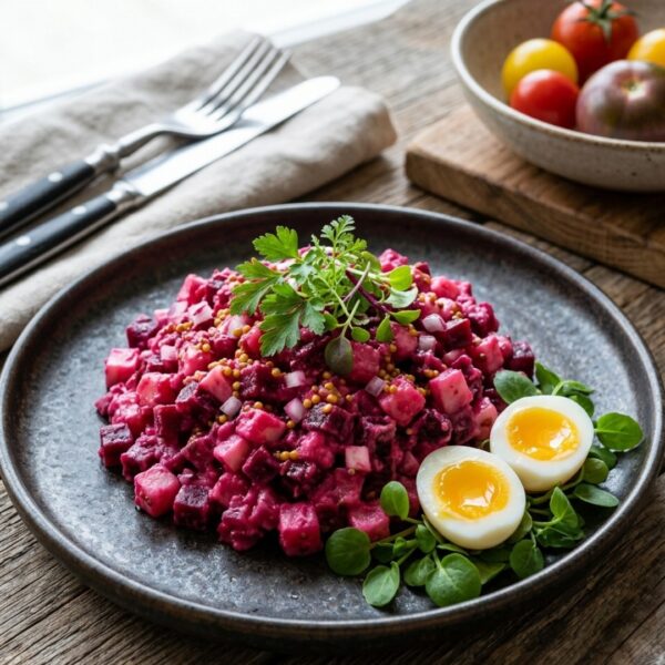 Яичный салат со свеклой и огурцами