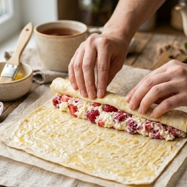 Ленивый штрудель из лаваша с творогом, клубникой