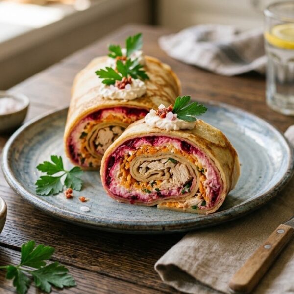 Блинный рулет с курицей и овощами