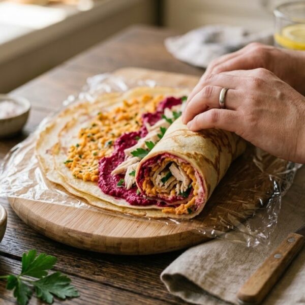 Блинный рулет с курицей и овощами
